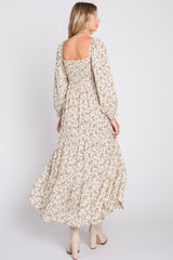 Cream Floral Smocked Long Sleeve Maxi Dress