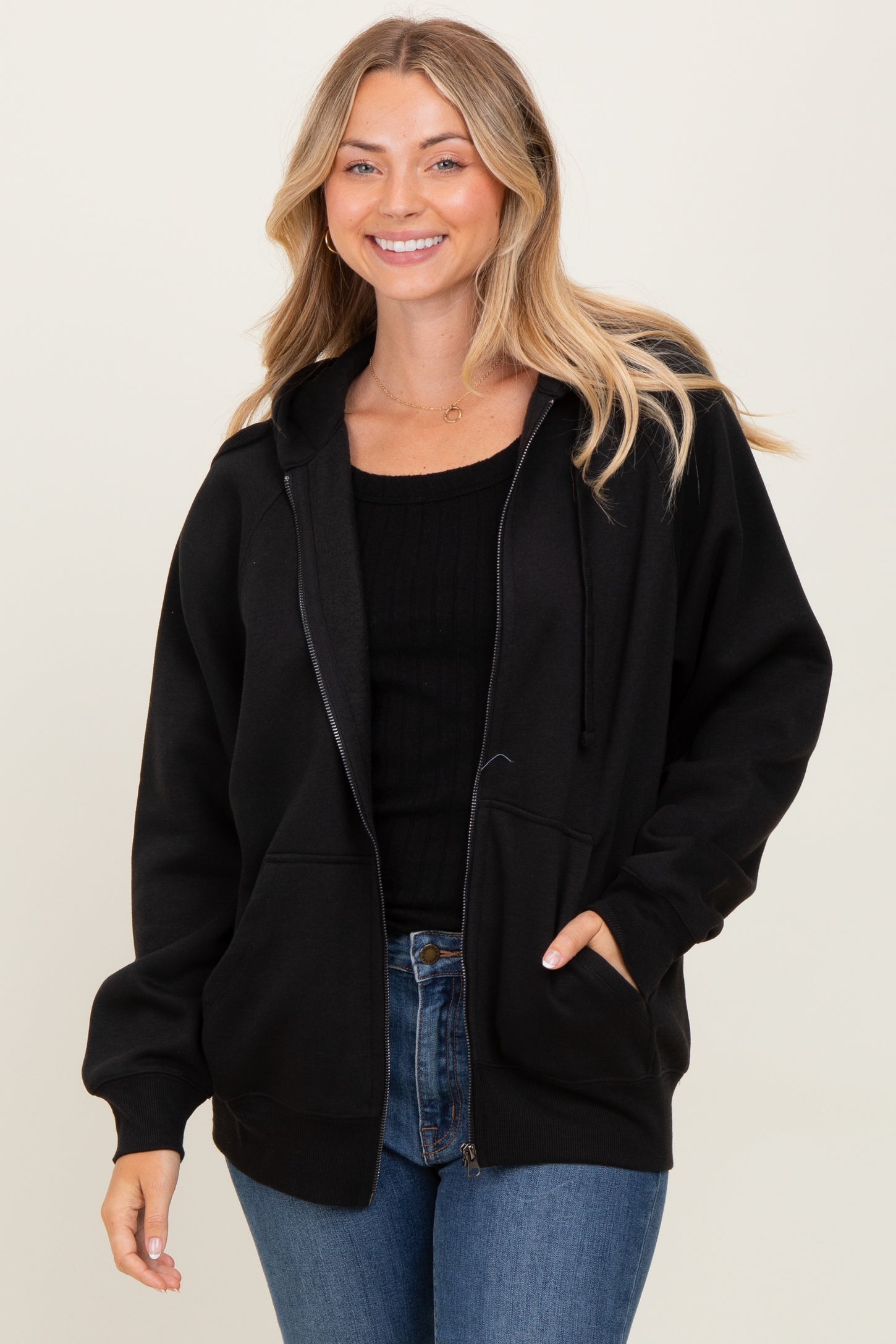 Black Front Zipper Hooded Maternity Sweater