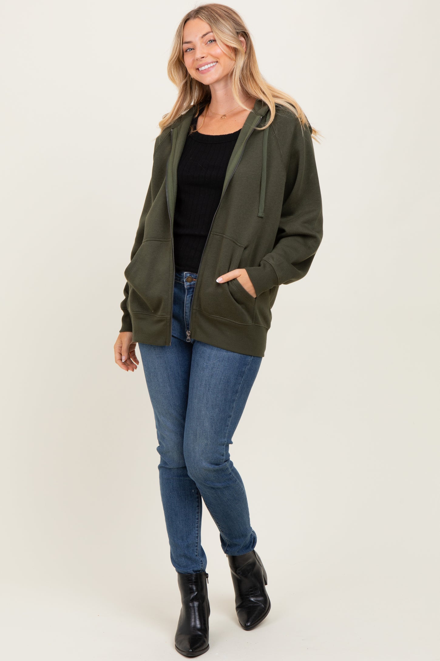 Olive Front Zipper Hooded Sweater