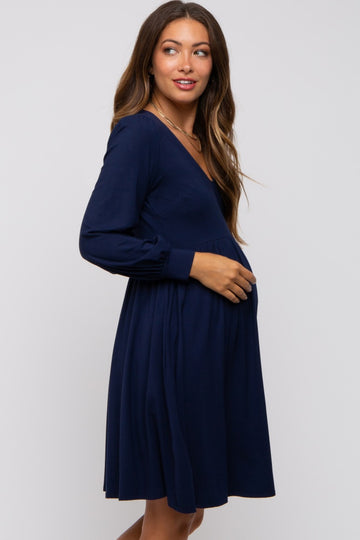 Navy Long Puff Sleeve Maternity Dress