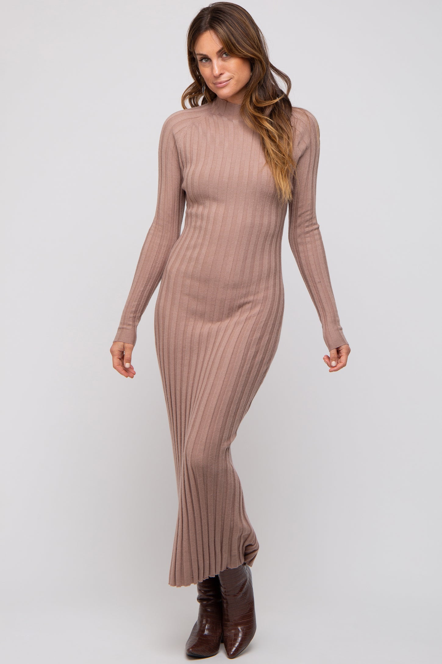 Taupe Ribbed Turtle Neck Midi Dress