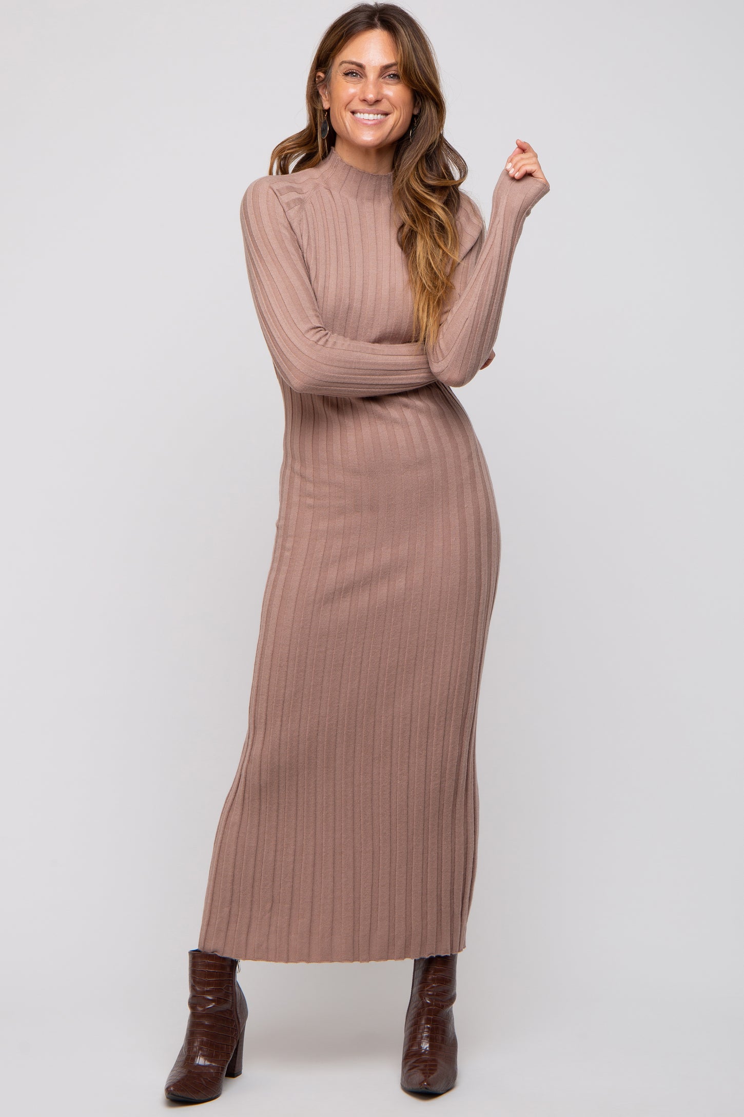 Taupe Ribbed Turtle Neck Midi Dress