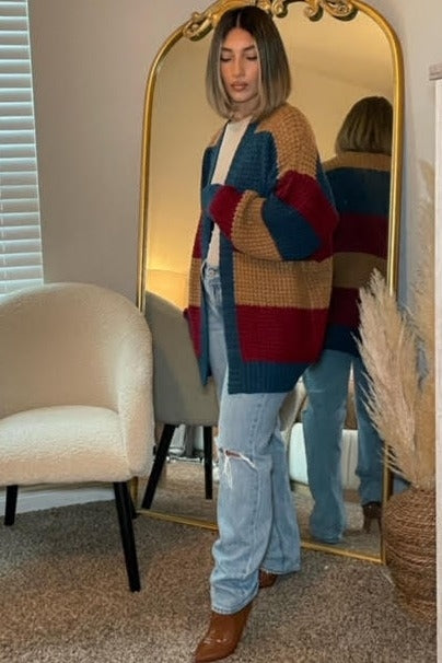 Teal Colorblock Chunky Cardigan