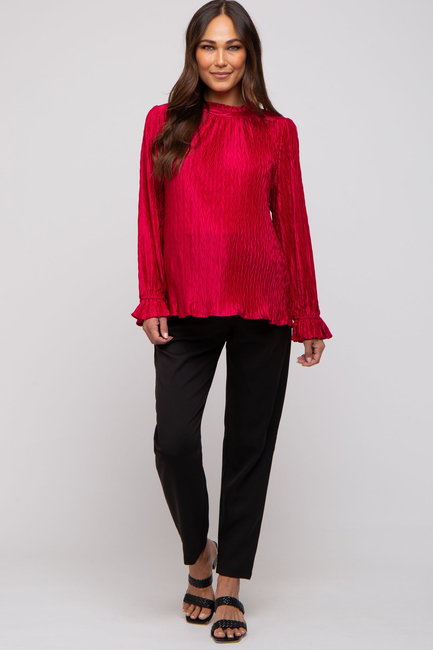 Magenta Textured Mock Neck Maternity Blouse