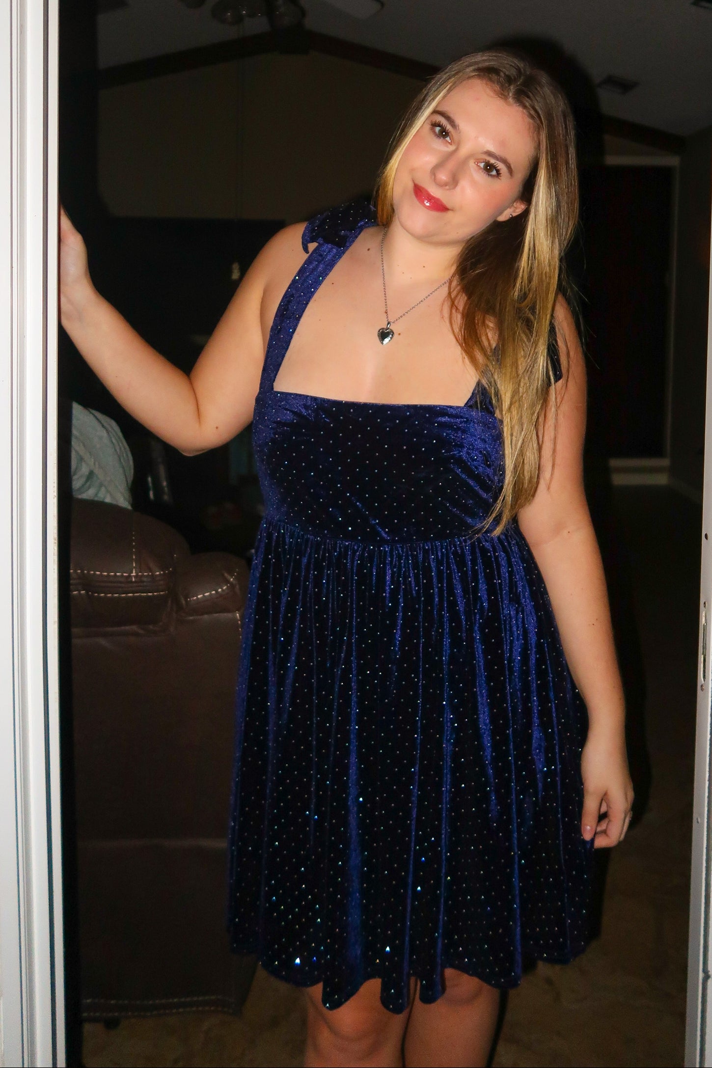 Navy Velour Sparkle Rhinestone Dress
