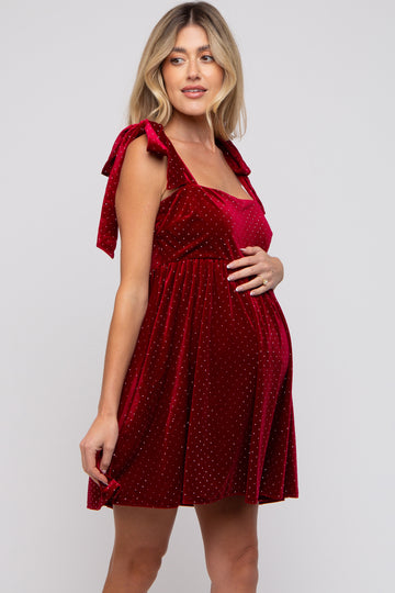 Red Velour Sparkle Rhinestone Maternity Dress