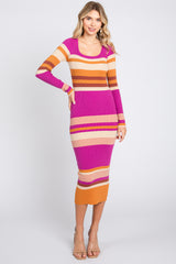Magenta Striped Long Sleeve Midi Dress