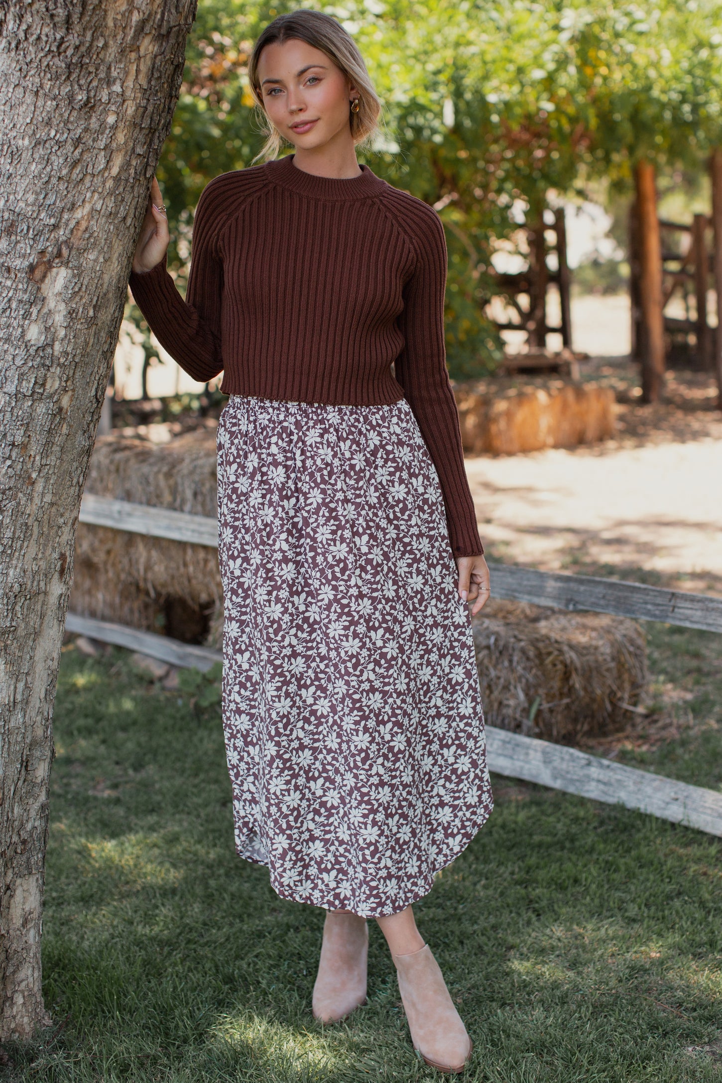 Brown Mock Neck Long Sleeve Rib Knit Sweater Top