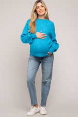 Blue Bubble Sleeve Maternity Sweater