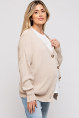 Beige Basic Ribbed Maternity Cardigan Sweater