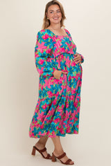 Blue Floral Long Sleeve Maternity Plus Midi Dress