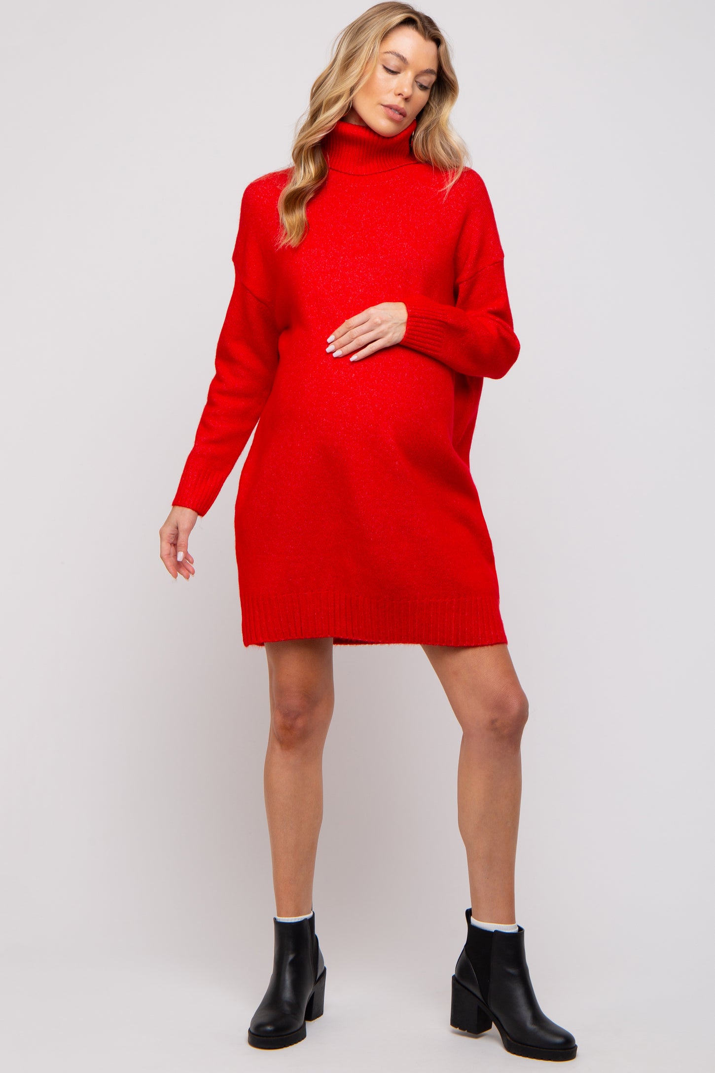 red turtle neck mini dress Ribbed Knit Turtleneck Mini Dress