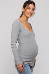Heather Grey Ribbed Sweetheart Neck Long Sleeve Maternity Top