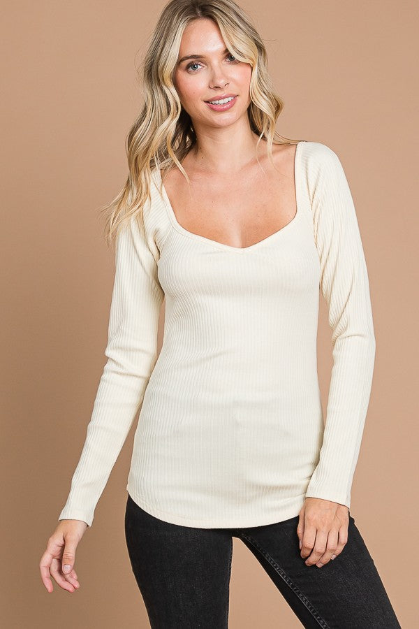 Cream Ribbed Sweetheart Neck Long Sleeve Maternity Top