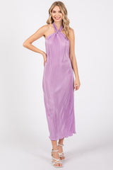 Lavender Knot Front Plisse Halter Midi Dress