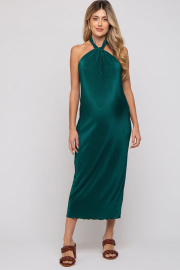 Forest Green Knot Front Plisse Halter Maternity Midi Dress