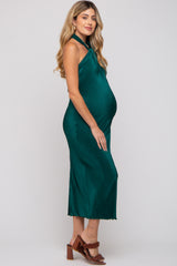 Forest Green Knot Front Plisse Halter Maternity Midi Dress
