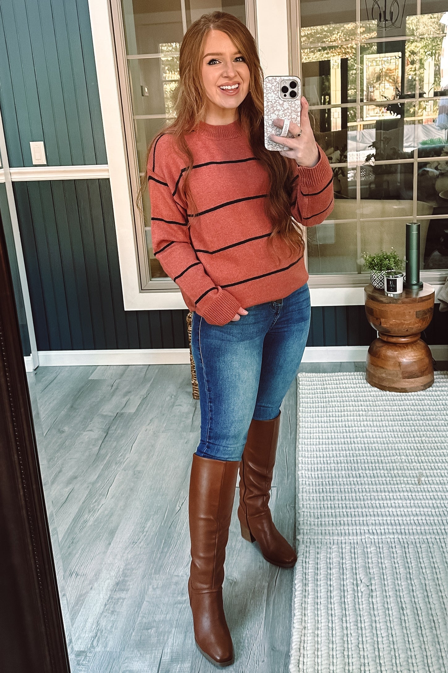 Rust Striped Mock Neck Sweater