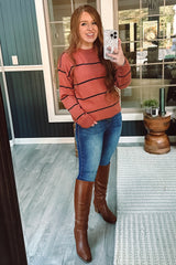 Rust Striped Mock Neck Sweater