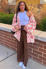 Mauve Checkered Oversized Chunky Knit Cardigan