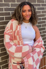 Mauve Checkered Oversized Chunky Knit Cardigan