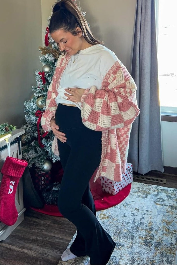 Mauve Checkered Oversized Chunky Knit Maternity Cardigan