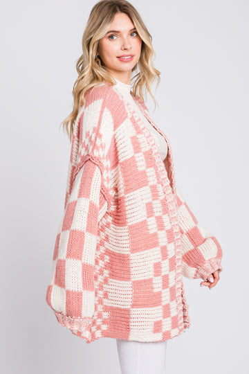 Mauve Checkered Oversized Chunky Knit Cardigan