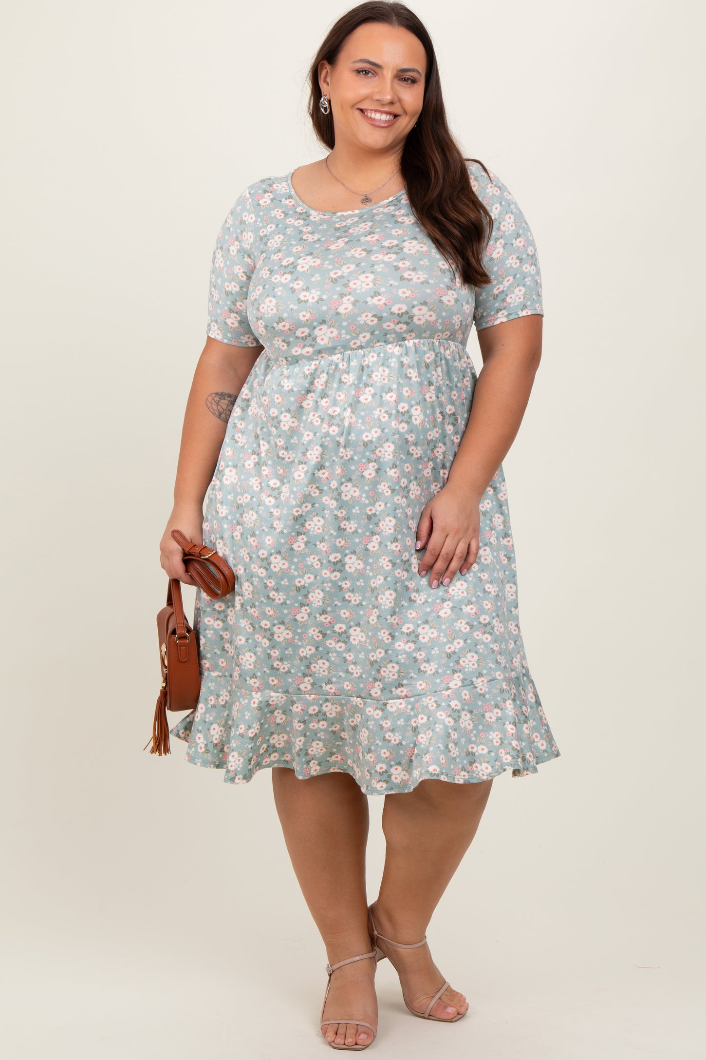 Light Olive Floral Knit Short Sleeve Plus Dress