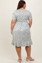 Light Olive Floral Knit Short Sleeve Plus Dress