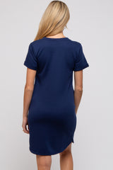 Navy French Terry Cuffed Short Sleeve Maternity Dress