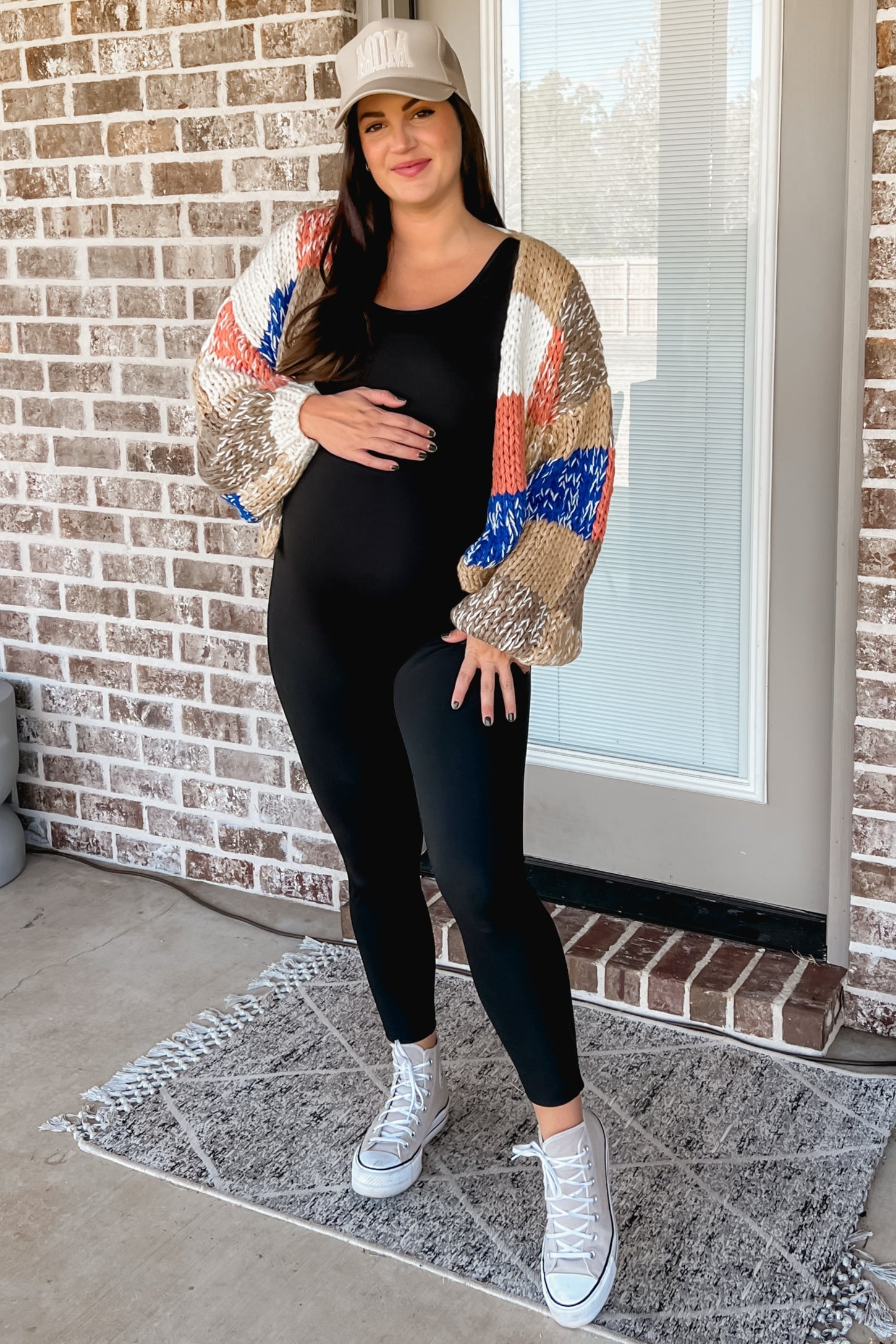 Brown Color Block Checkered Thick Knit Maternity Cardigan