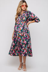 Forest Green Floral Satin Ruffle Neck Maternity Midi Dress