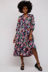 Forest Green Floral Satin Ruffle Neck Midi Dress