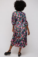 Forest Green Floral Satin Ruffle Neck Midi Dress