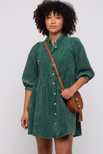 Green Corduroy Button Down Collared Dress