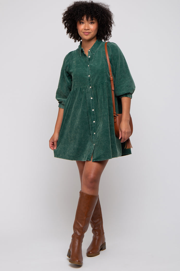 Green Corduroy Button Down Collared Maternity Dress