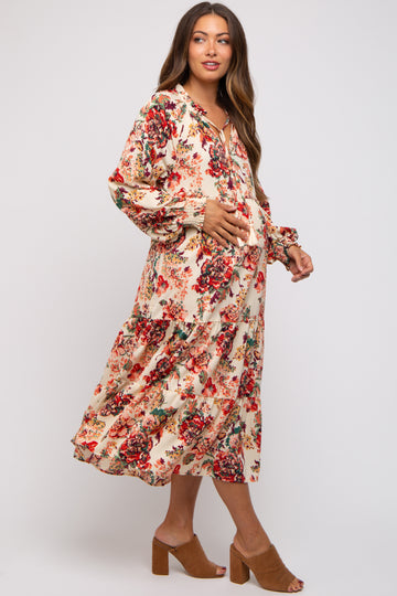 Cream Floral Ruffle Neck Tiered Maternity Midi Dress