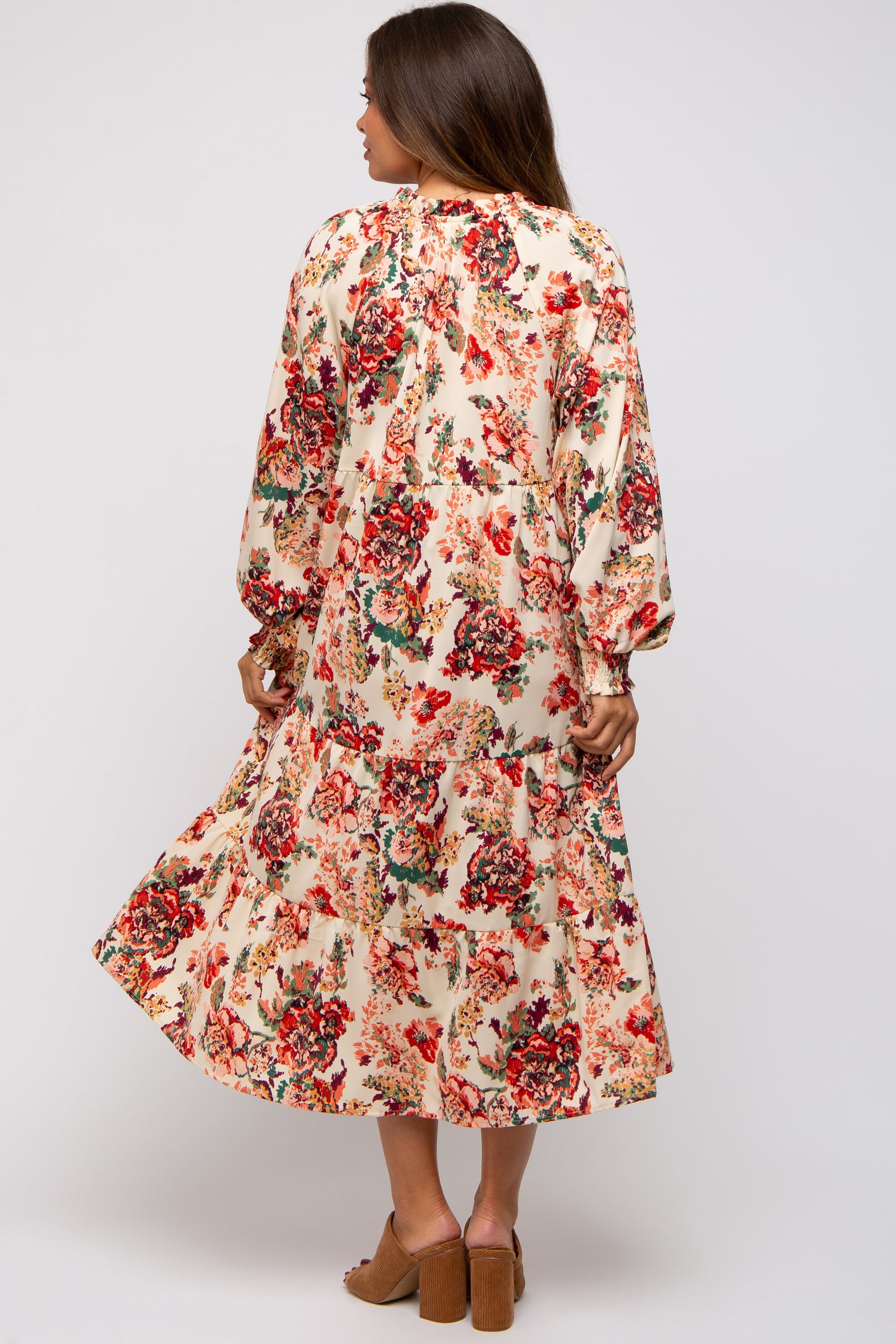 Cream Floral Ruffle Neck Tiered Maternity Midi Dress