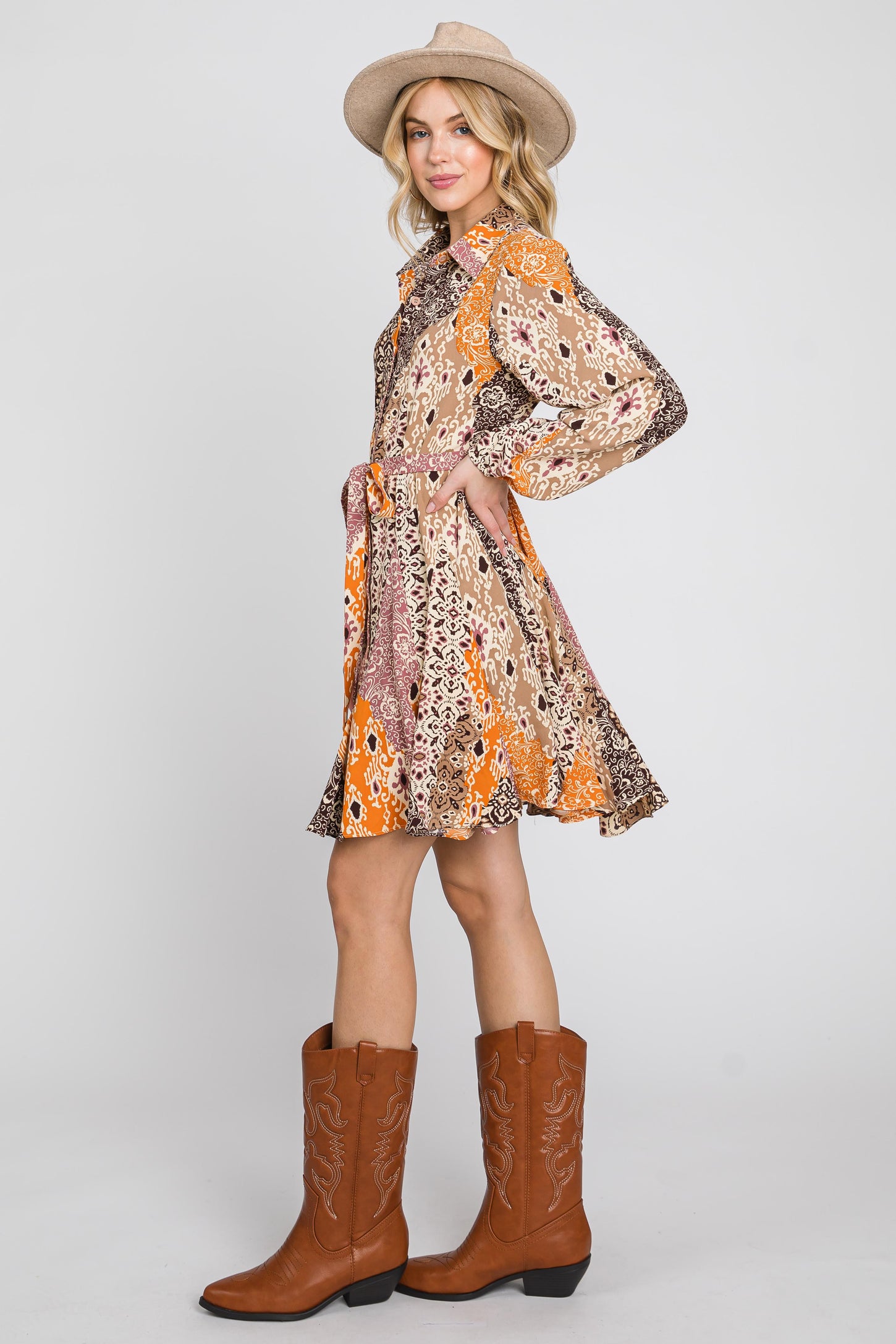 Brown Multi Button Down Flare Dress