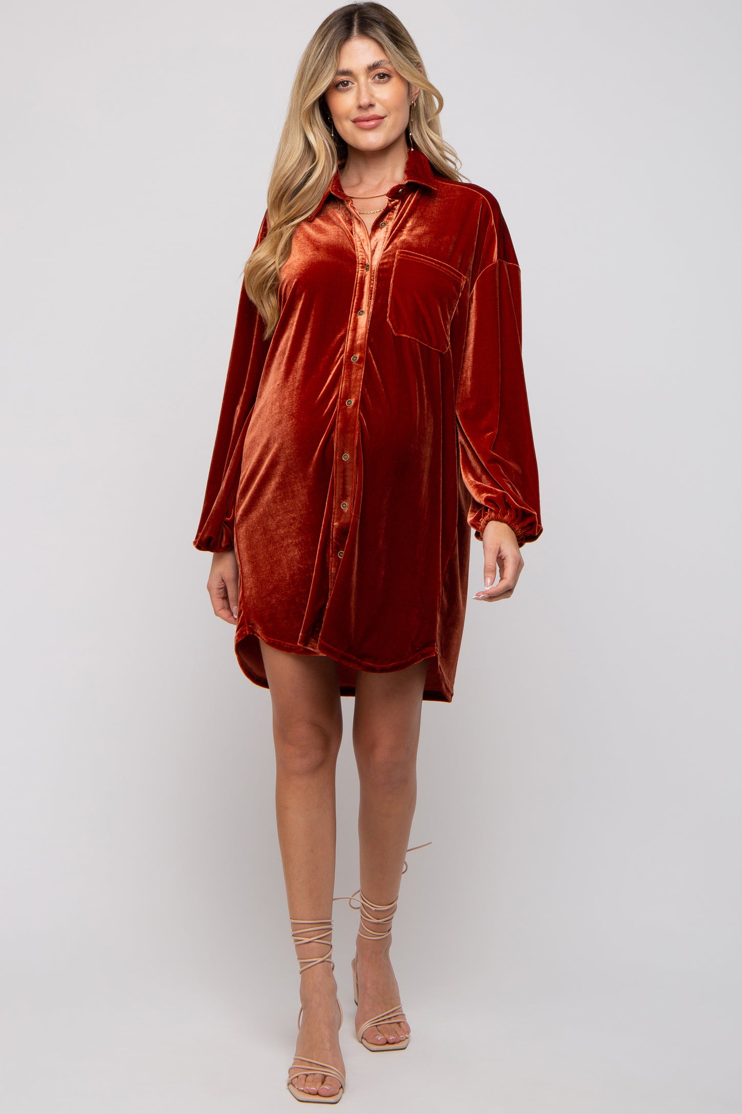 Rust Velour Button Up Long Sleeve Maternity Dress