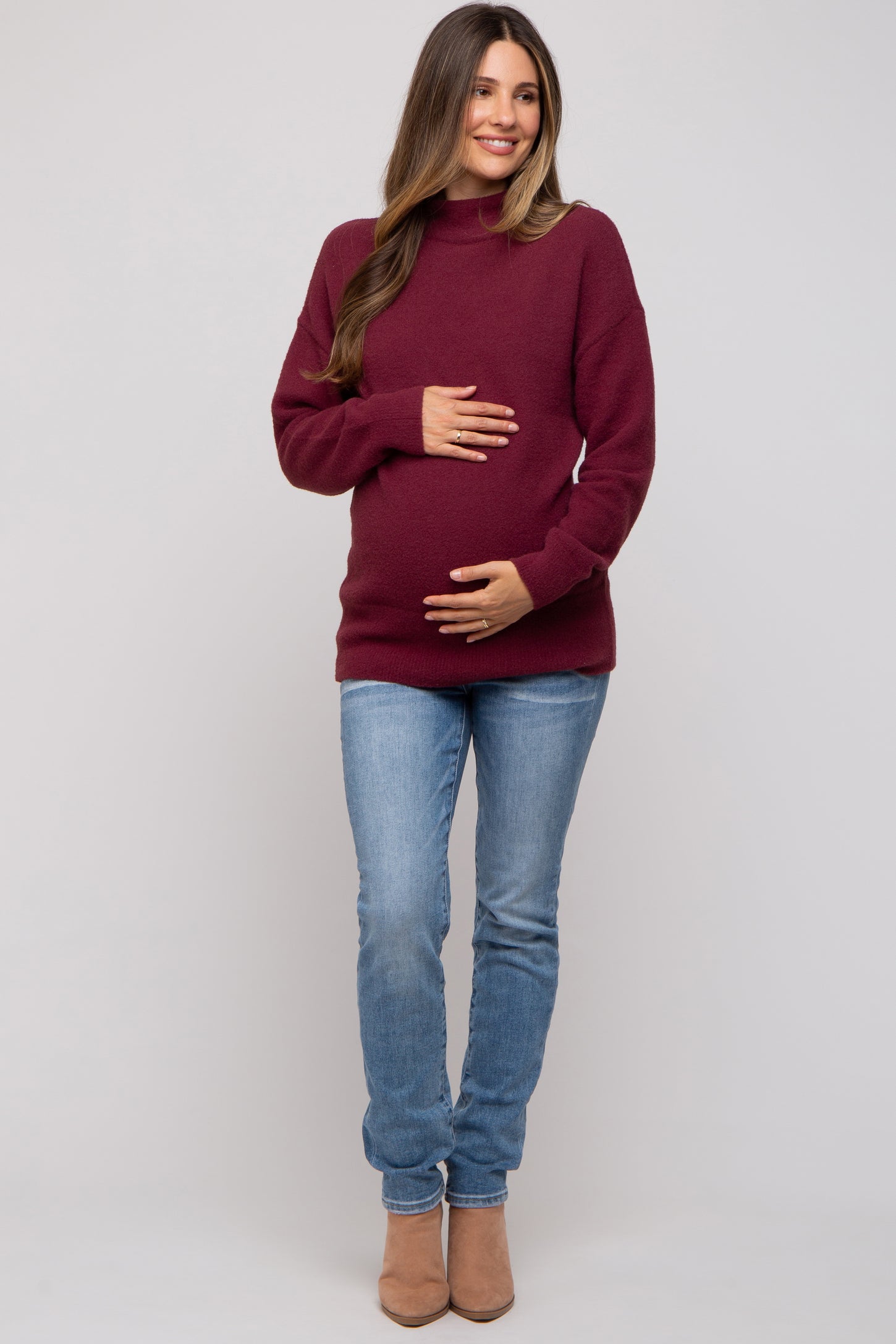 Burgundy Fuzzy Knit Mock Neck Maternity Sweater