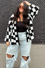 Black Checkered Print Oversized Cardigan