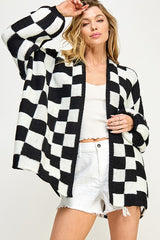 Black Checkered Print Oversized Cardigan