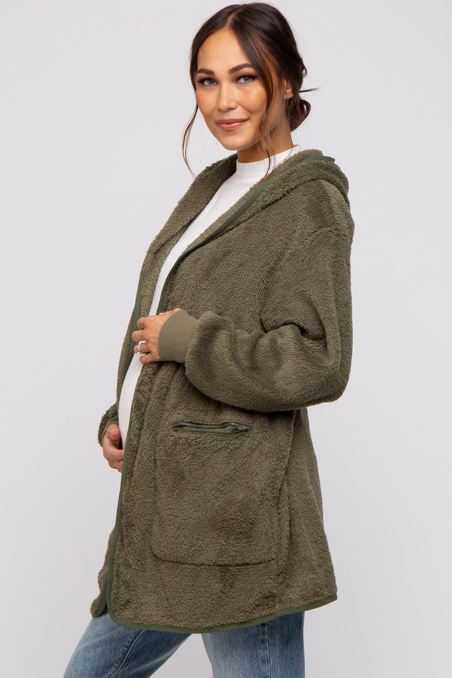 Olive Fuzzy Knit Hooded Maternity Jacket