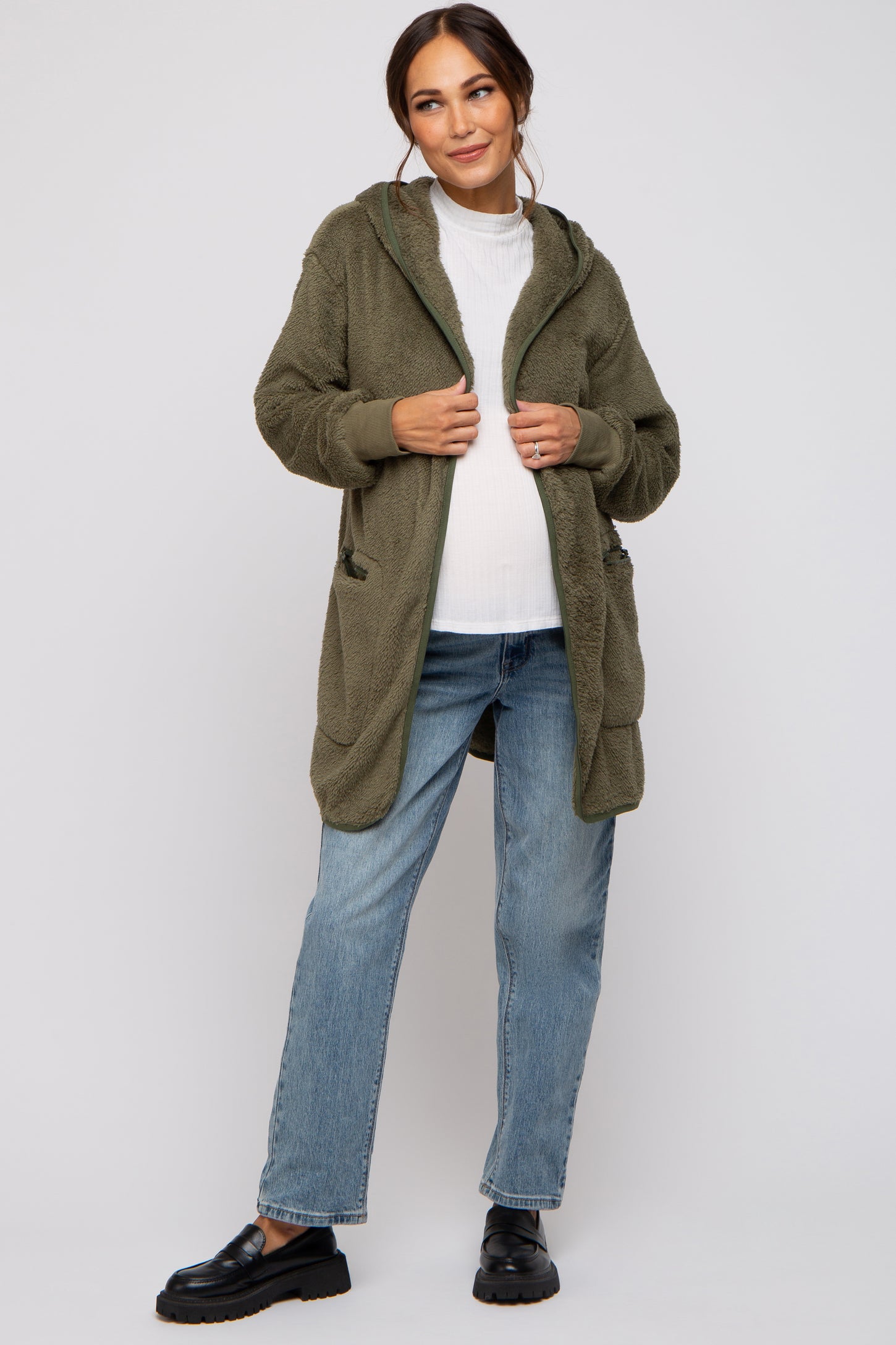 Olive Fuzzy Knit Hooded Maternity Jacket