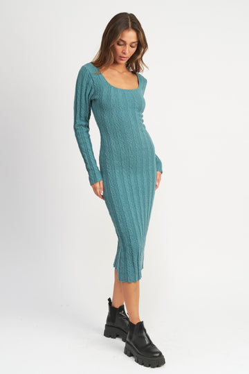 Teal Long Sleeve Knit Sweater Dress