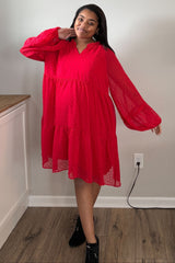 Red Swiss Dot Chiffon Tiered Maternity Dress
