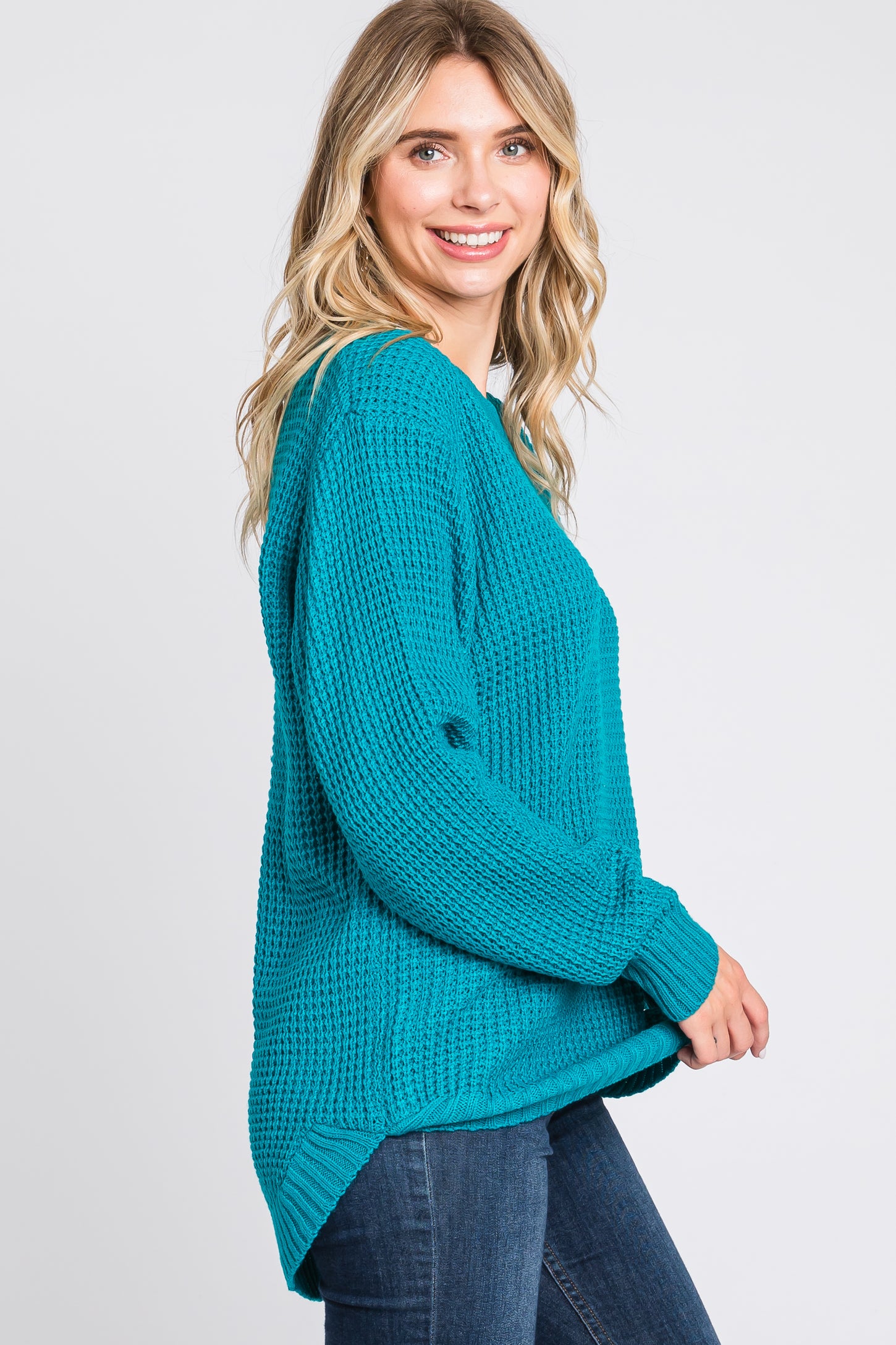 Teal Waffle Knit Round Hem Sweater