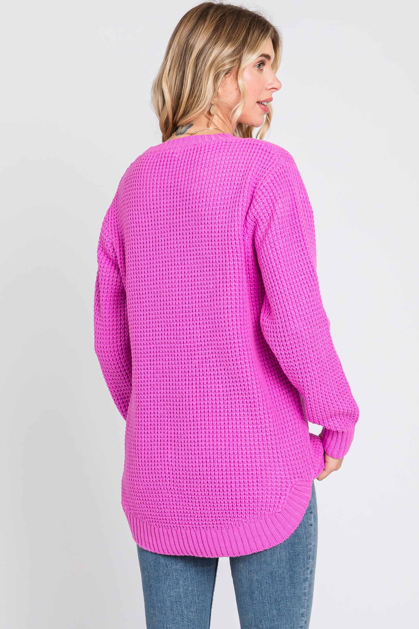 Pink Waffle Knit Round Hem Sweater