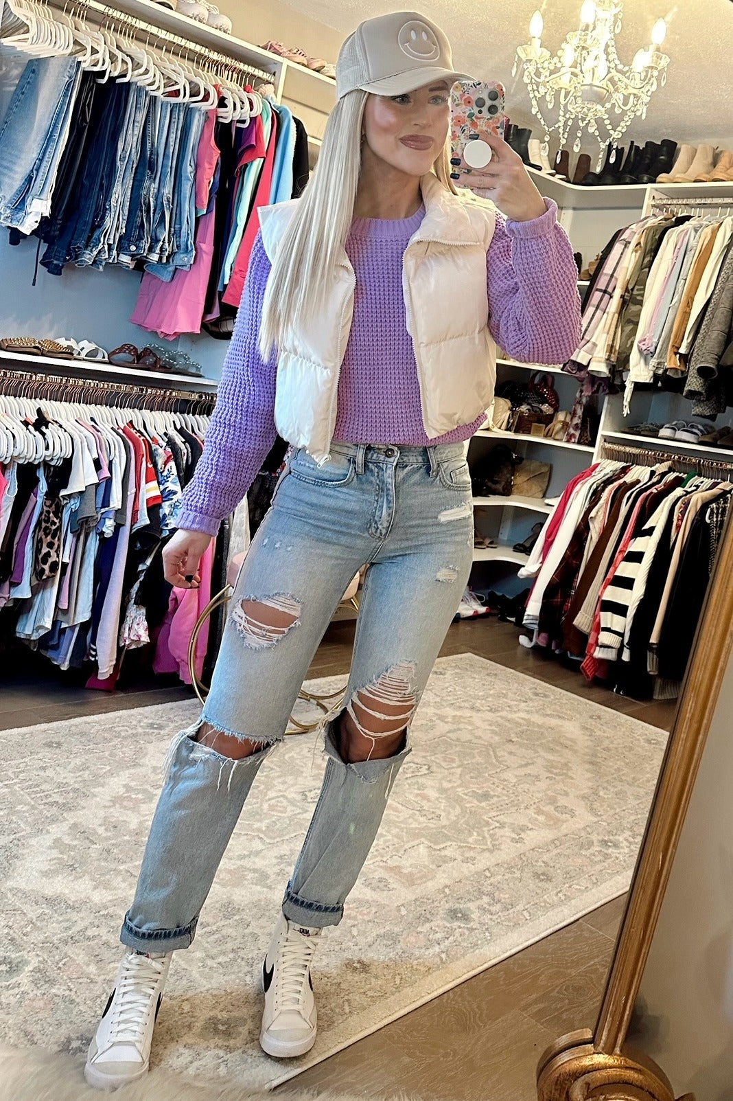 Lavender Waffle Knit Round Hem Sweater